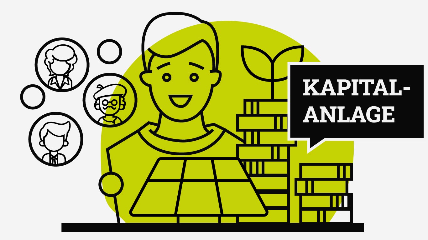 Die Grafik besteht aus einem grünen Kreis im Hintergrund, der unten leicht angeschnitten ist und Illustrationen aus Linien. In der Mitte befindet sich eine Person mit zum Oberkörper sichtbar. Davor sieht man ein Solarpanel und rechts dahinter Müngeld gestapelt mit einer Pflanzen oben drauf. Links neben der Person sind weitere Personen bis zum Oberkörper in einem Kreis versehen.