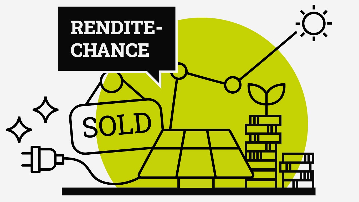 Der grüne angeschnitte Punkt ist im Hintergrund. Im Vordergrund ist links oben eine Sprechblase mit "Renditechance". Dazwischen ist eine Illustration in Linienstärke zu sehen. Links fängt es mit einem Strockstecker an, das Kabel geht nach rechts und wird nach oben zu einem Liniendiagramm. Links sieht man noch ein "Sold" Schild, es folgt ein Solarpanel und ganz recht ein Münzstapel mit einer Pflanze oben drauf.