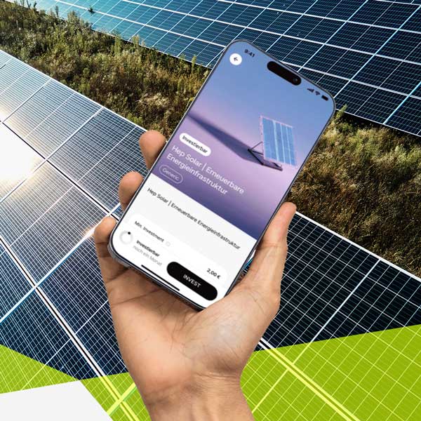 Ein Solarenergie Reihe, aus der leichten Vogelperspektive, mit Wildwiese zwischen den zwei Reihen. Im Voerdergrund eine Hand, die ein Smartphone hält, Auf dem Smartphone kann man die App Nao erkennen.